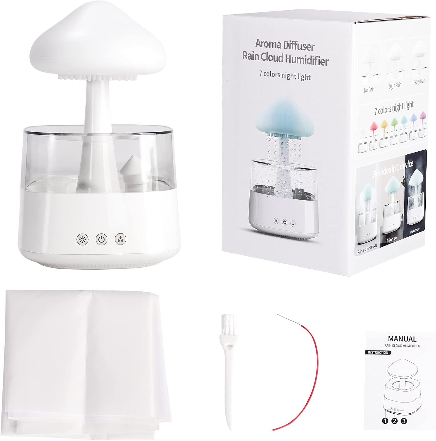 Cloud Humidifier Water Drip, Mushroom Humidifier for Bedroom, White Aroma Diffuser, Mushroom Cloud Aromatherapy, 7-Color Essential Oil Diffuser, Cloud Humidifier Raindrop for Home Sleeping