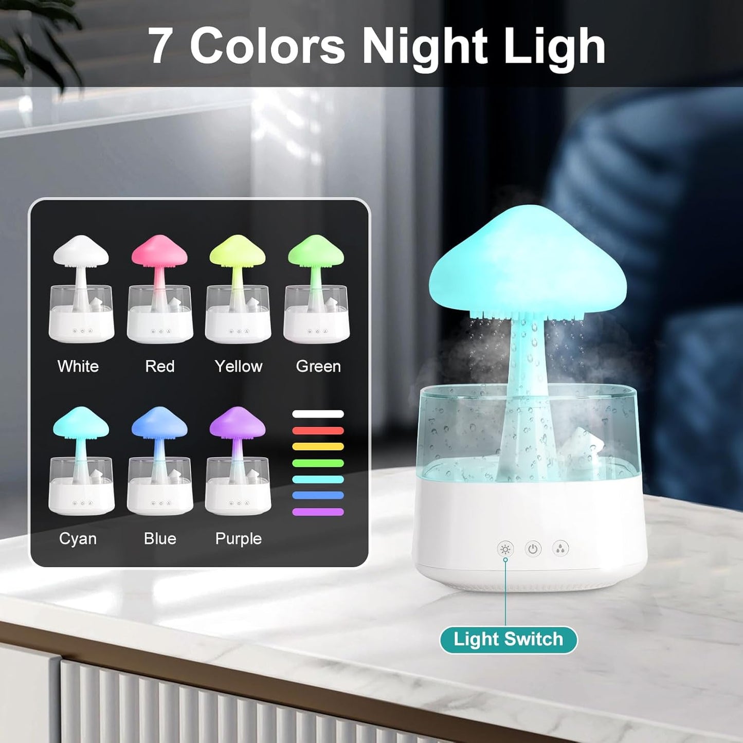 Cloud Humidifier Water Drip, Mushroom Humidifier for Bedroom, White Aroma Diffuser, Mushroom Cloud Aromatherapy, 7-Color Essential Oil Diffuser, Cloud Humidifier Raindrop for Home Sleeping